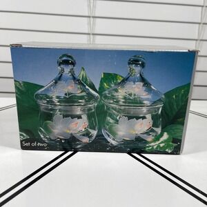 VTG Pasabahce Turkey Set of 2 Glass Candy Dish Jar Lotus‎ Flower Lid
